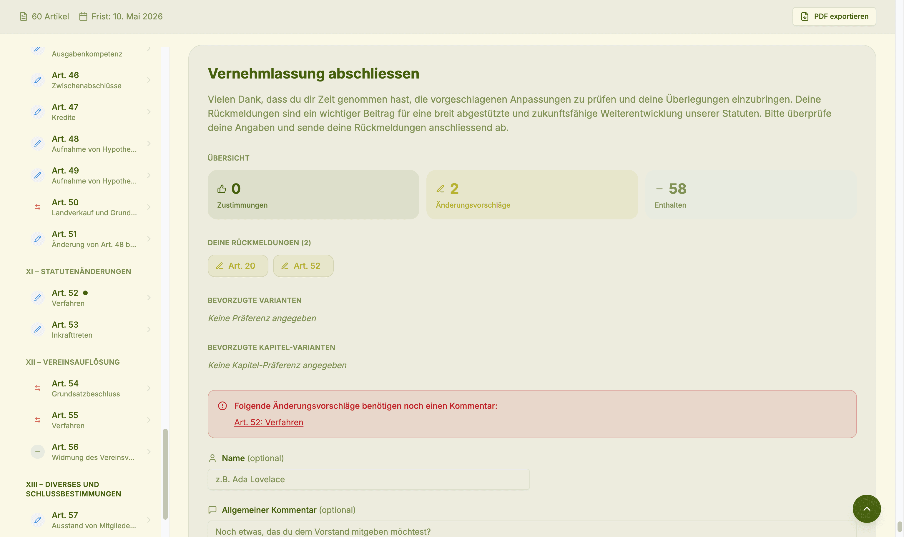 Votivo Abgabe-Zusammenfassung — Überblick mit Statistiken und Rückmeldungen